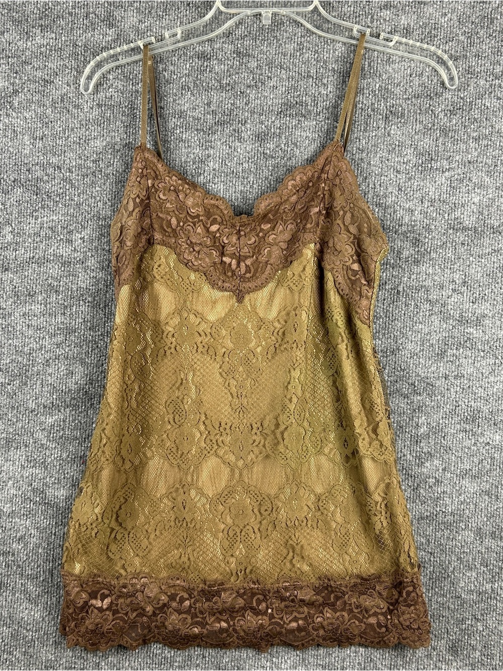 Moa Moa Olive Green Mocha Brown Floral Lace Cami Slip Tank Top Size Large L Y2K
